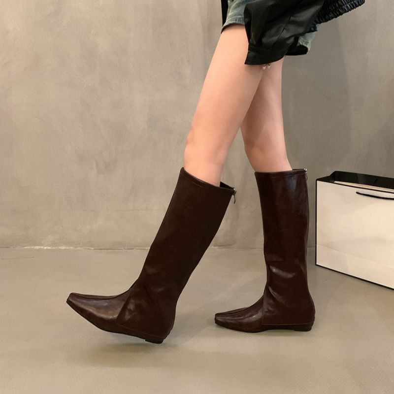 Damen Knielange Lederoptik-Stiefel mit quadratischer Zehenpartie und flacher Sohle Drune