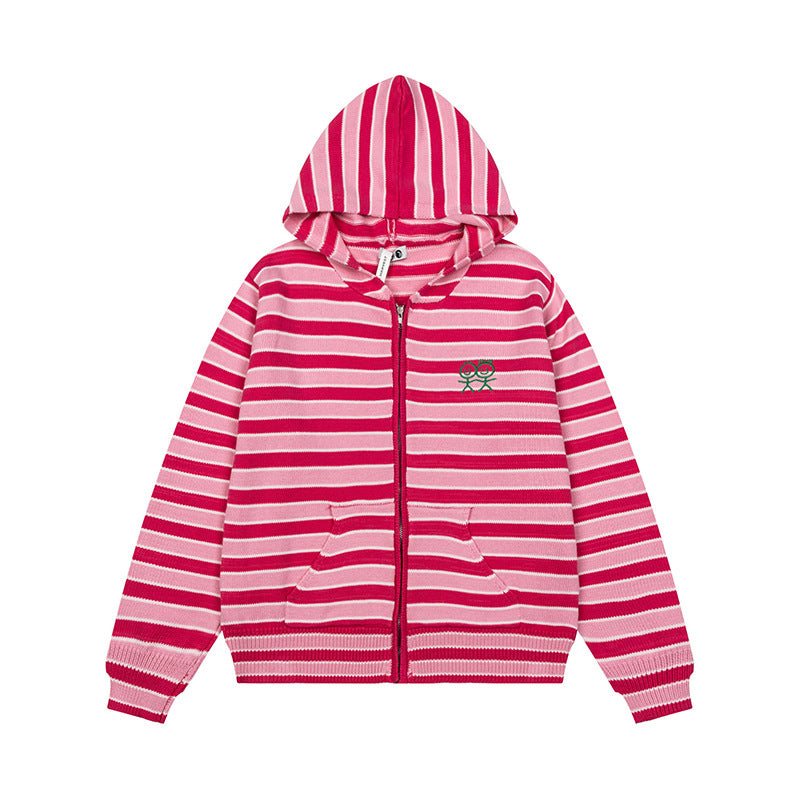 Damen Gestreifte Kapuzen-Strickjacke mit durchgehendem Reißverschluss und Eingrifftaschen Drune