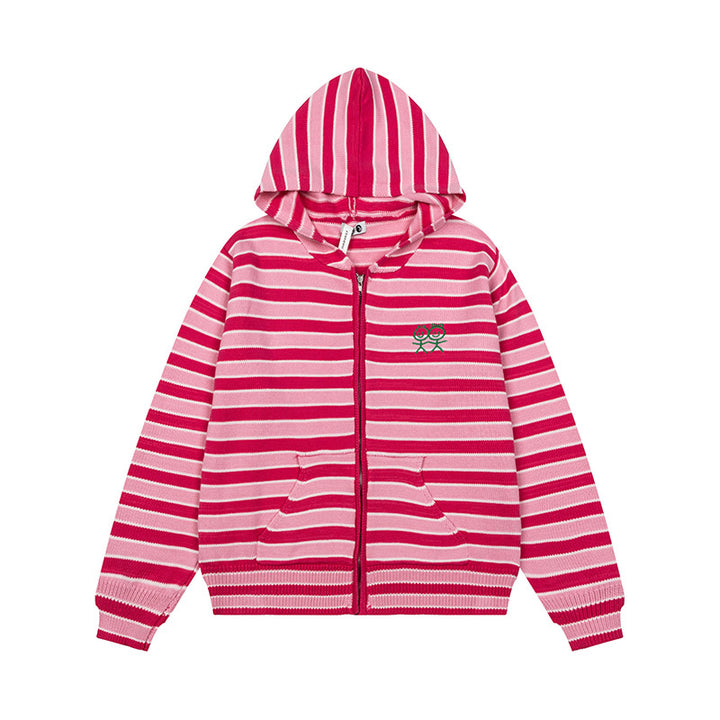 Damen Gestreifte Kapuzen-Strickjacke mit durchgehendem Reißverschluss und Eingrifftaschen Drune