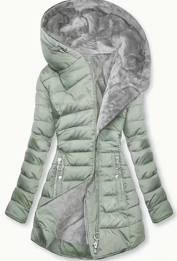 Damen Taillierter Steppmantel mit Oversize-Kapuze, kuscheligem Teddyfutter und Zierringen am Reißverschluss Drune