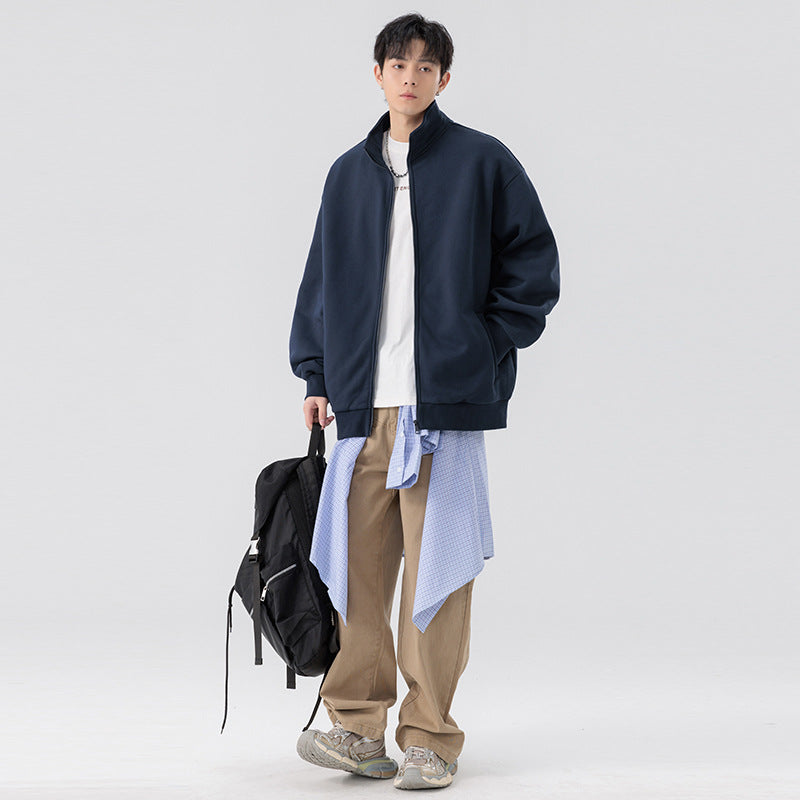 Herren Oversize Sweatjacke mit Stehkragen, durchgehendem Reißverschluss und geripptem Saum Drune