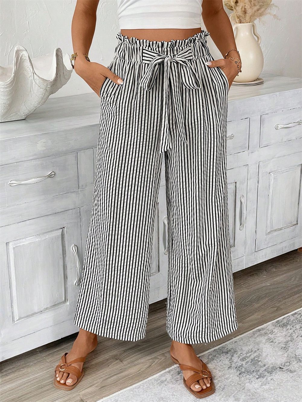 Damen Weite Sommerhose mit Gummizug und Streifenmuster Drune
