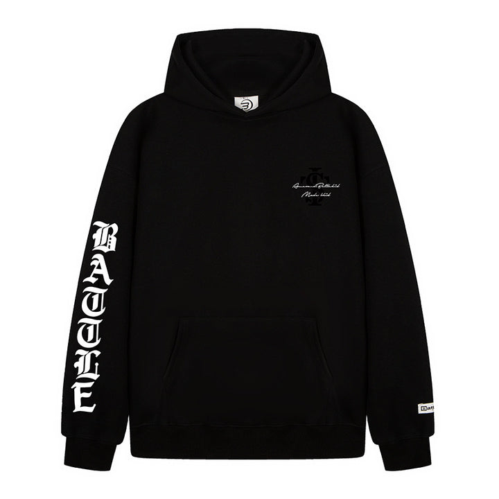 Unisex Oversize-Kapuzenpullover mit Gothic-Ärmelprint und Kängurutasche Drune