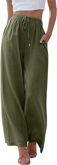Damen nan weite Leinenhose mit elastischem Bund Kordel und Seitentaschen Drune