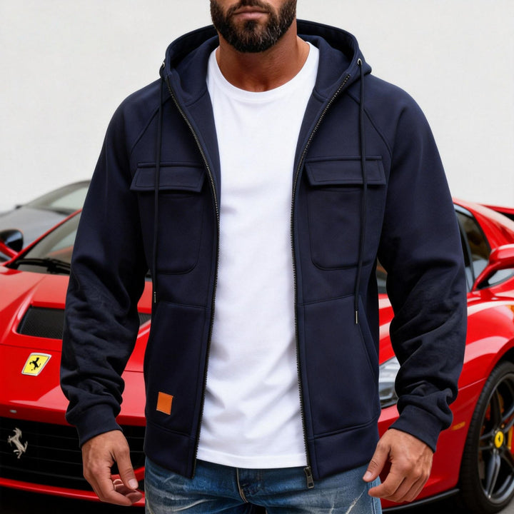 Herren Kapuzenjacke mit durchgehendem Reißverschluss, Brustklappen und moderner Slim‑Fit-Silhouette Drune