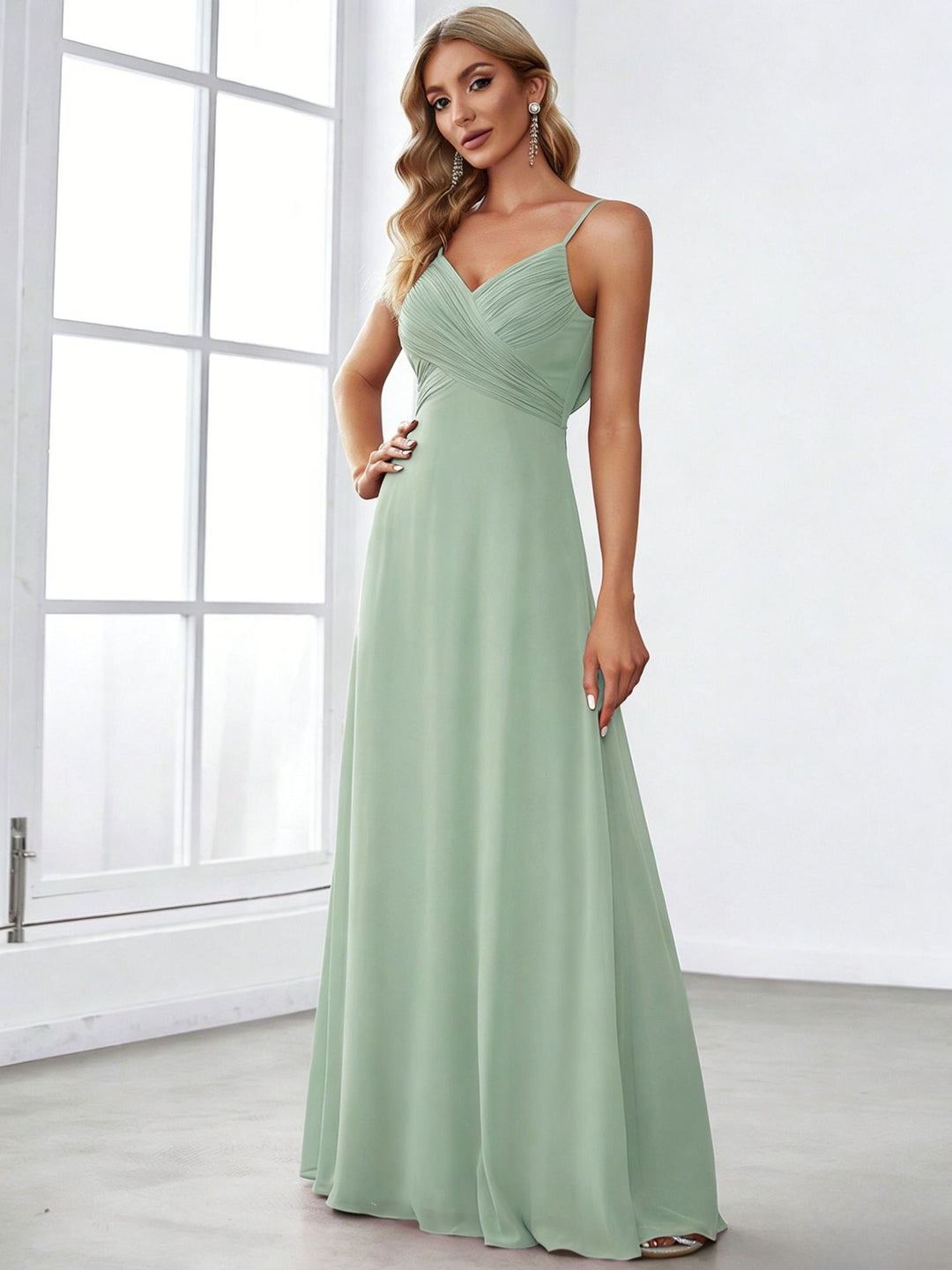 Damen nan fließendes Chiffon-Abendkleid mit überkreuzter Drapage, Empire-Taille und feinen Spaghettiträgern Drune