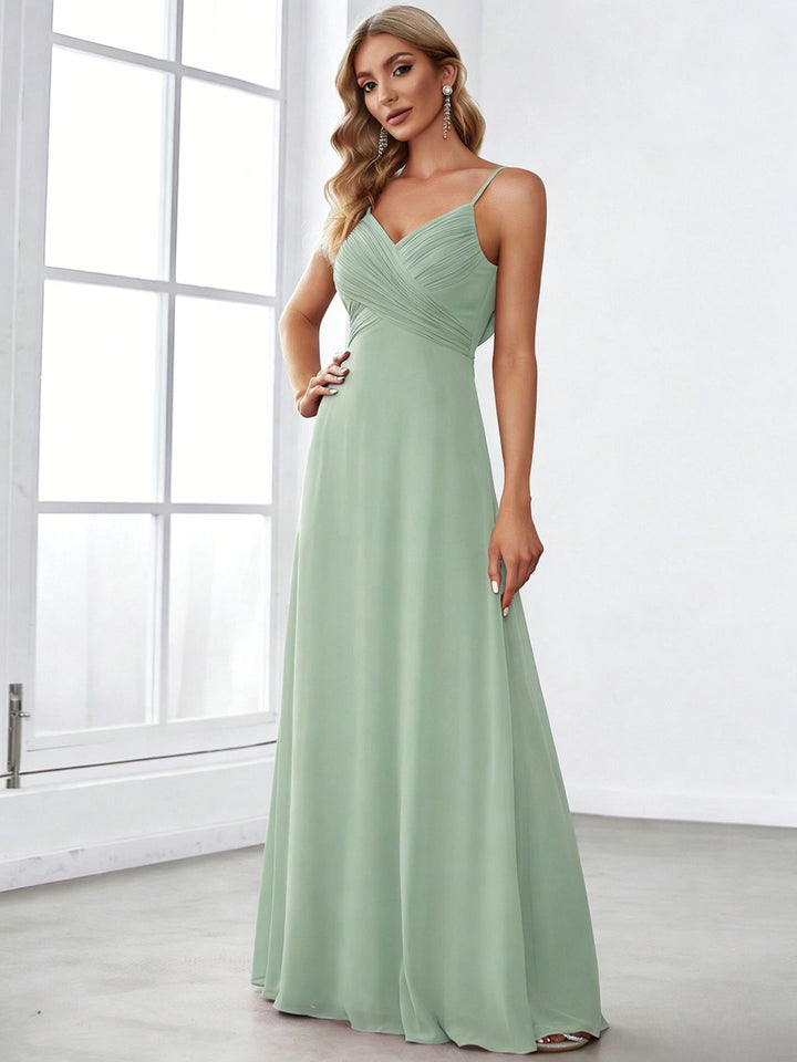 Damen nan fließendes Chiffon-Abendkleid mit überkreuzter Drapage, Empire-Taille und feinen Spaghettiträgern Drune