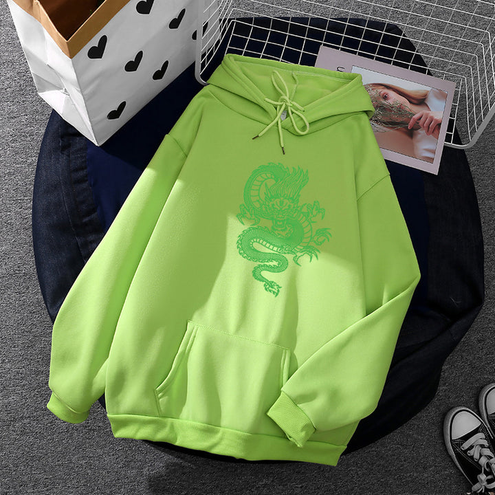 Unisex nan Kapuzenpullover mit detailreichem Drachenmotiv, Oversize‑Schnitt und Kängurutasche Drune