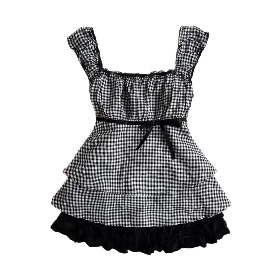 Damen Rüschenshirt mit Gingham-Muster und elastischen Trägern Drune