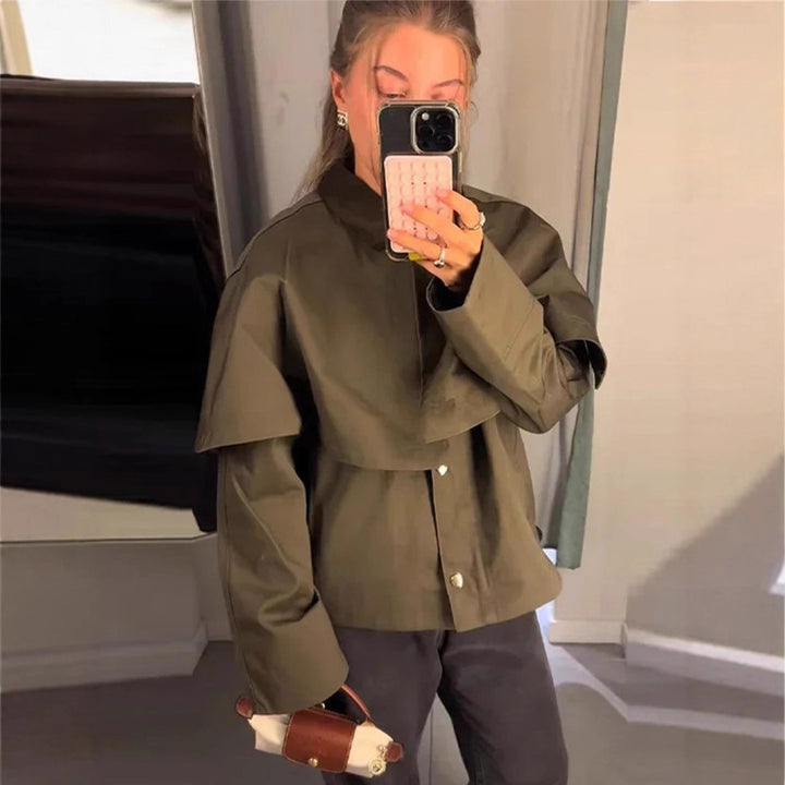 Damen Kurztrenchjacke mit Cape-Overlay und Oversize-Ärmeln Drune
