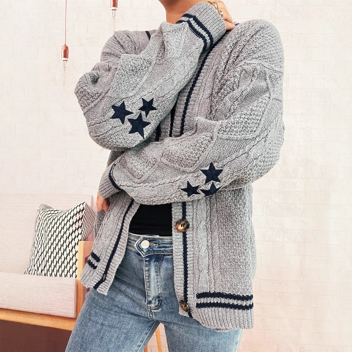 Damen gemütliche Strickjacke mit Sternen-Applikationen und modernen Details Drune