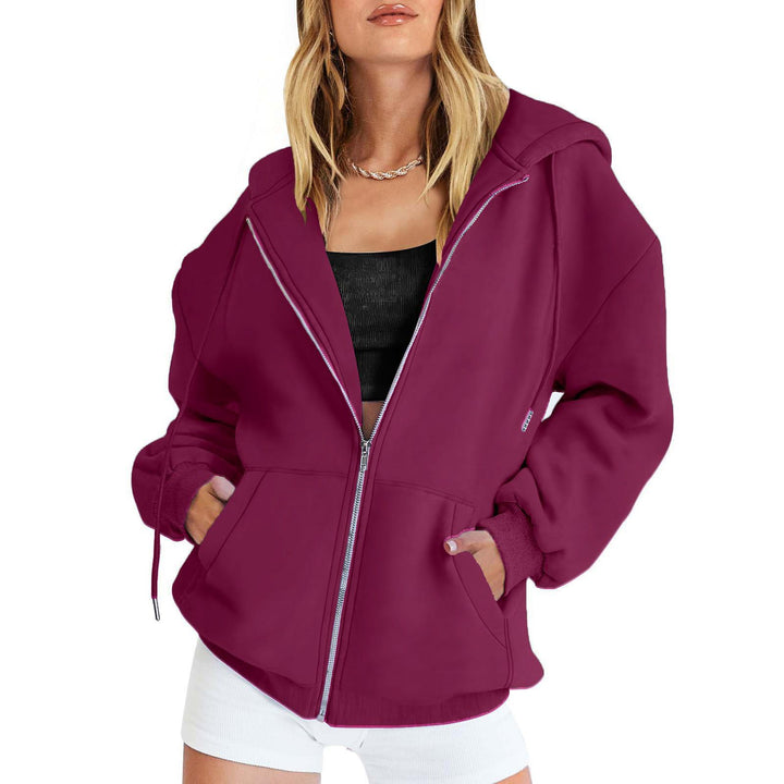 Damen Fleece-Zipjacke im Oversize-Stil mit Kapuze, Kängurutaschen und elastischem Saum Drune