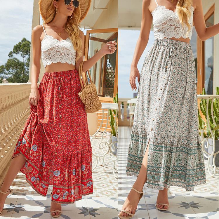 Damen Maxirock mit floralem Design und hoher Taille Drune