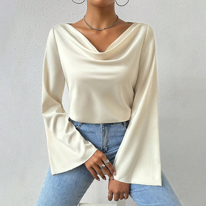 Damen Bluse mit Wasserfallkragen, weiten Trompetenärmeln und fließender Satinoptik Drune