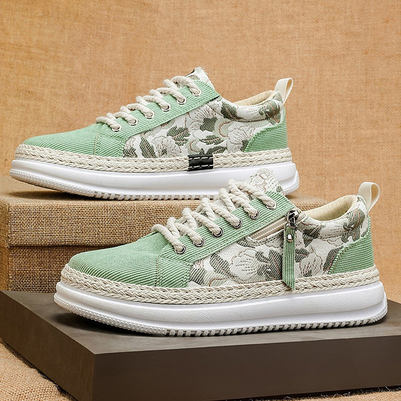 Damen gestickte Espadrille-Plateau-Sneaker mit floralem Jacquard, geflochtener Kordelsohle und gepolstertem Innenfutter Drune