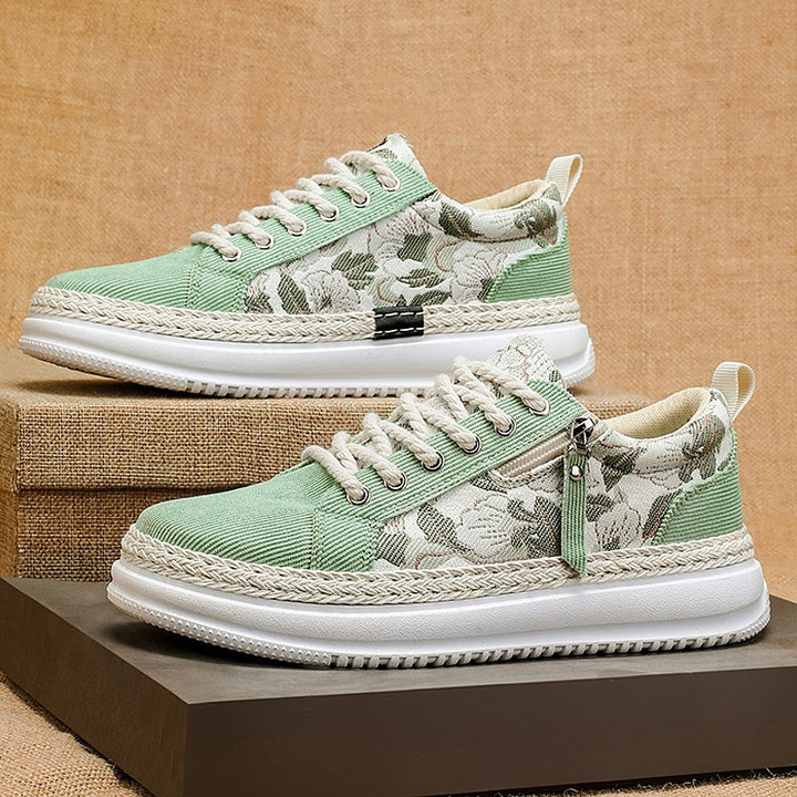 Damen gestickte Espadrille-Plateau-Sneaker mit floralem Jacquard, geflochtener Kordelsohle und gepolstertem Innenfutter Drune