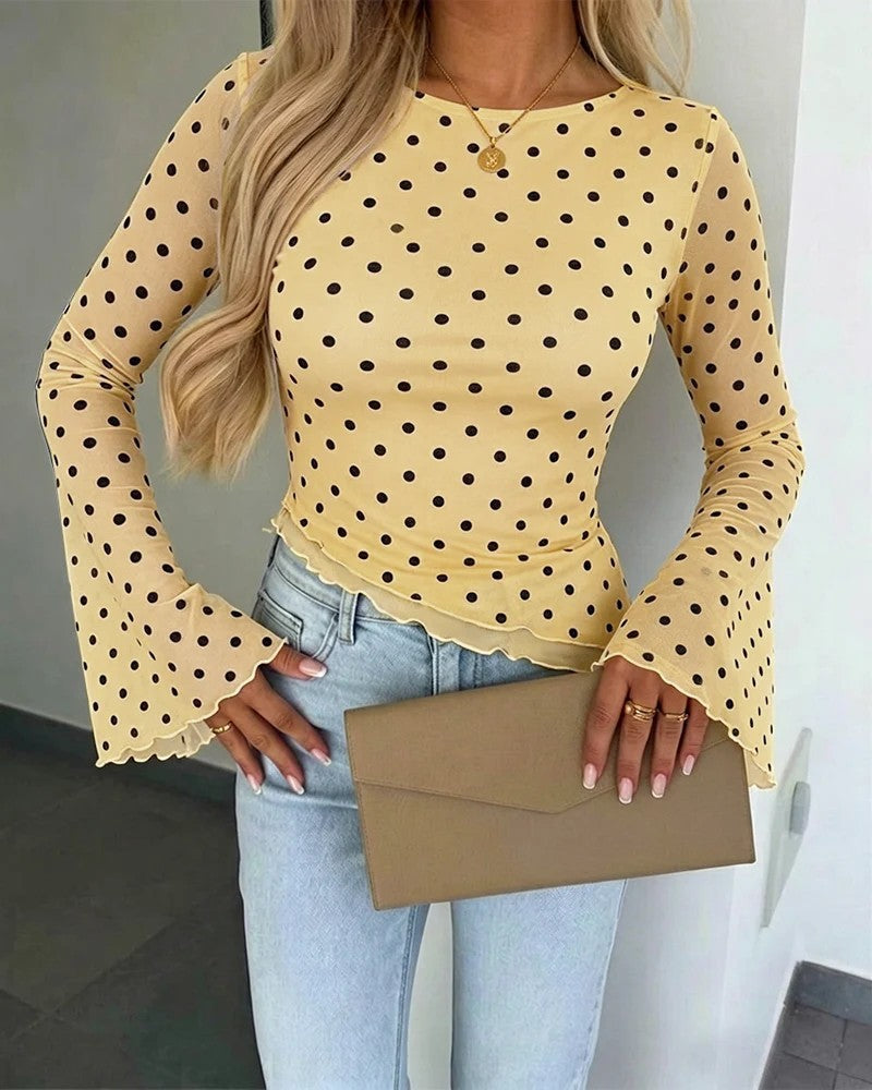 Damen Transparente Mesh-Polka‑Dot-Bluse mit taillierter Passform und Glockenärmeln Drune