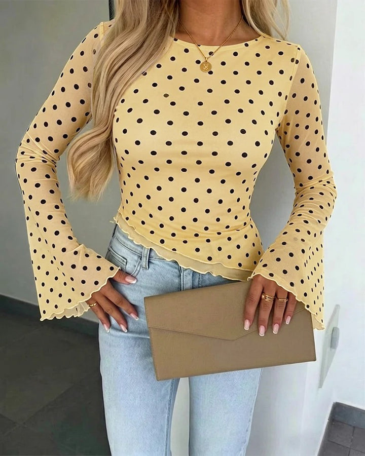 Damen Transparente Mesh-Polka‑Dot-Bluse mit taillierter Passform und Glockenärmeln Drune