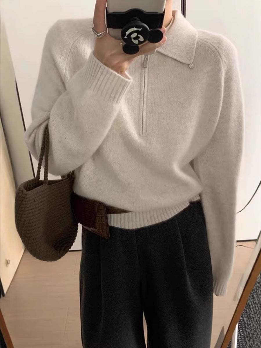 Damen Kurzzip-Polo-Pullover aus flauschigem Wollmix mit kastiger Silhouette Drune