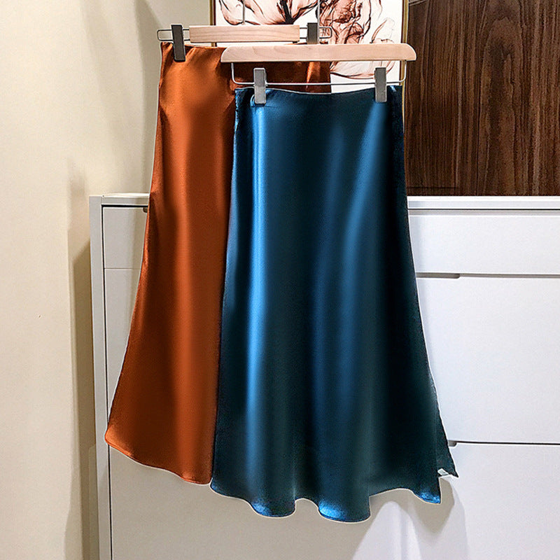 Damen Fließender Satin-Bias-Midirock mit hohem Bund und seitlichen Schlitzen Drune