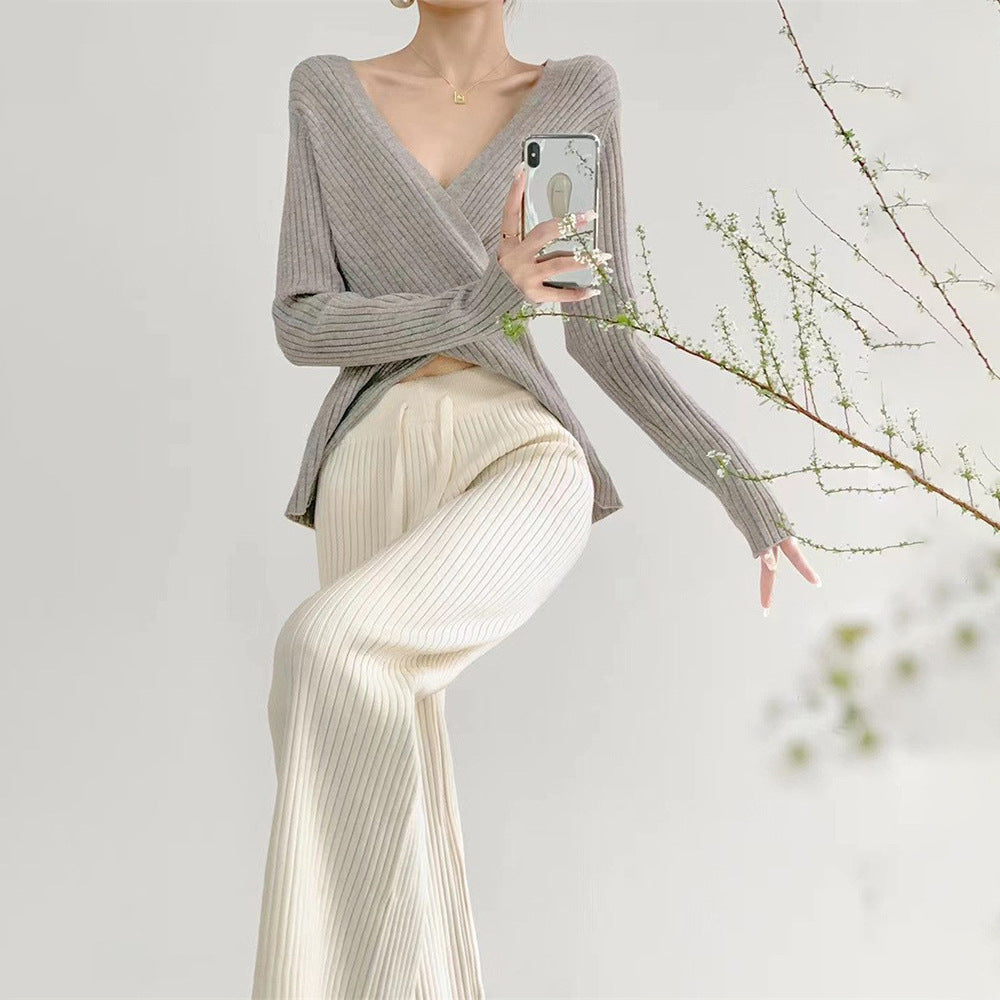 Damen Wickel-Pullover mit elegantem Rippdesign und V-Ausschnitt Drune