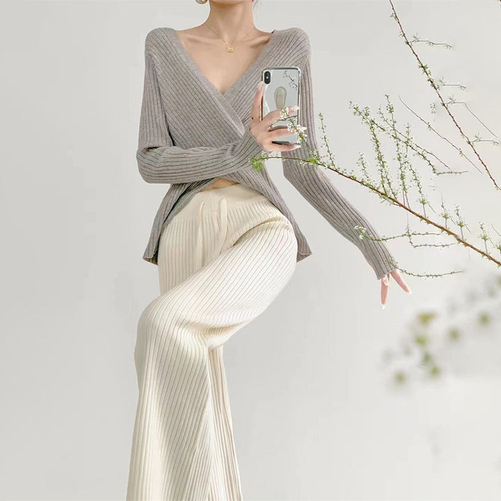 Damen Wickel-Pullover mit elegantem Rippdesign und V-Ausschnitt Drune