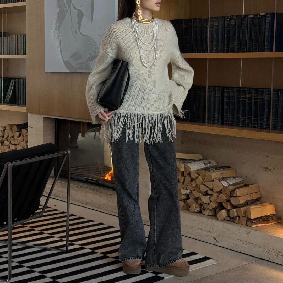 Damen Modischer Strickpullover mit Fransen Drune