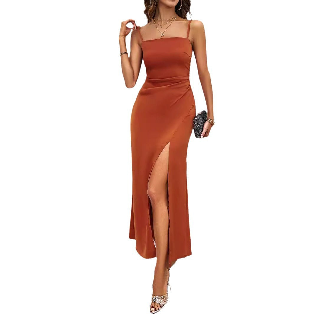 Damen Elegantes Satin Maxikleid mit hohem Beinschlitz und Spaghettiträgern Drune
