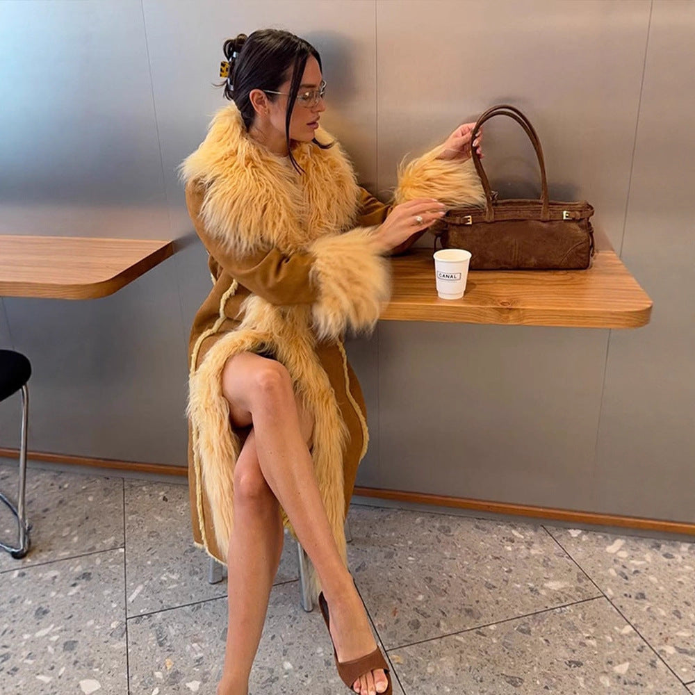 Damen Langer Shearling‑Imitatmantel mit voluminösem Schalkragen und Plüschmanschetten Drune