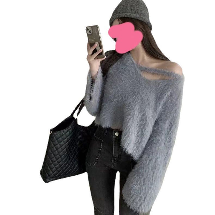 Damen Flauschiger Cropped Pullover mit weichem Strickmuster Drune