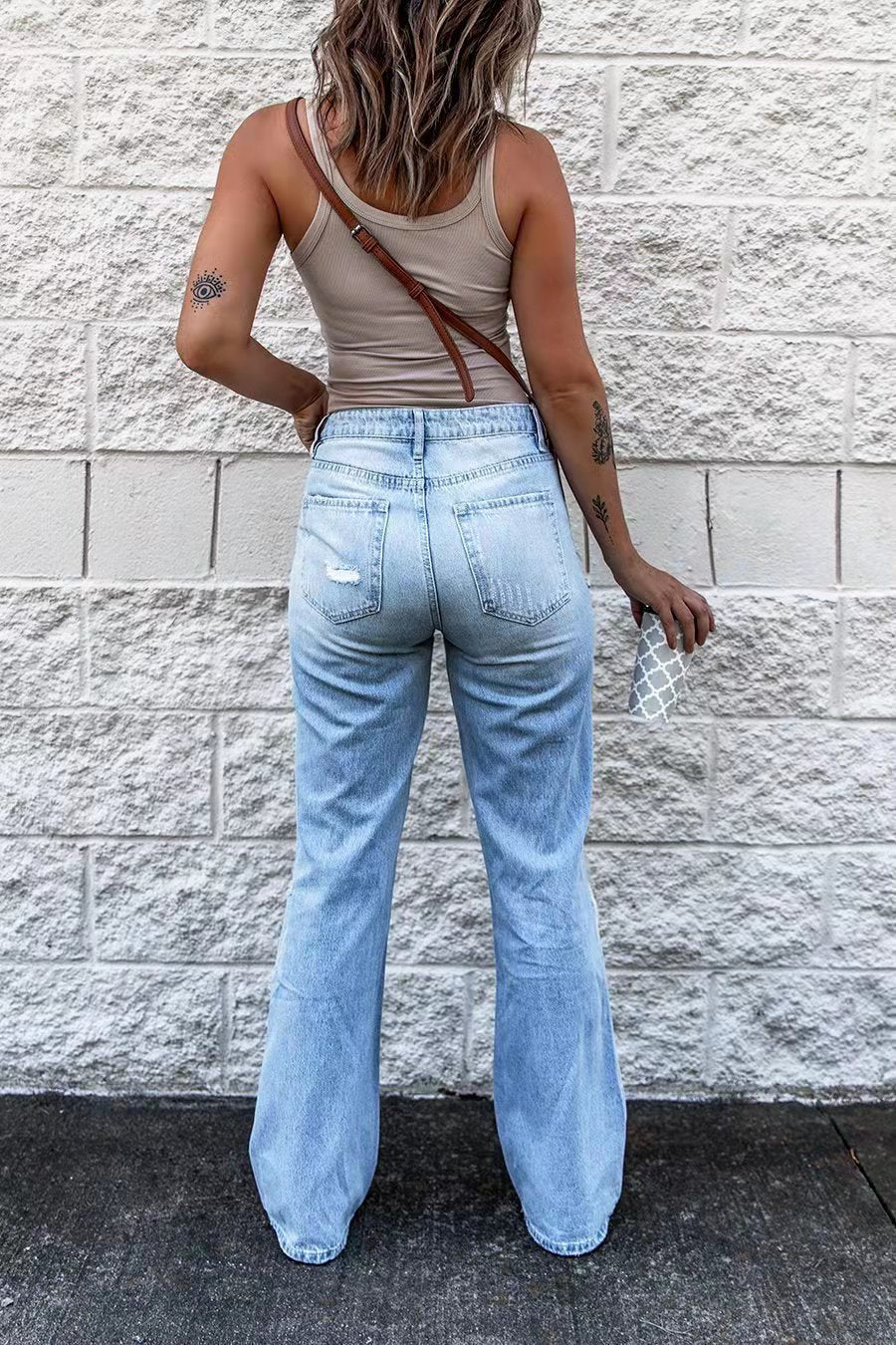 Drune | Damen High Waist Ripped Jeans mit Weitem Bein