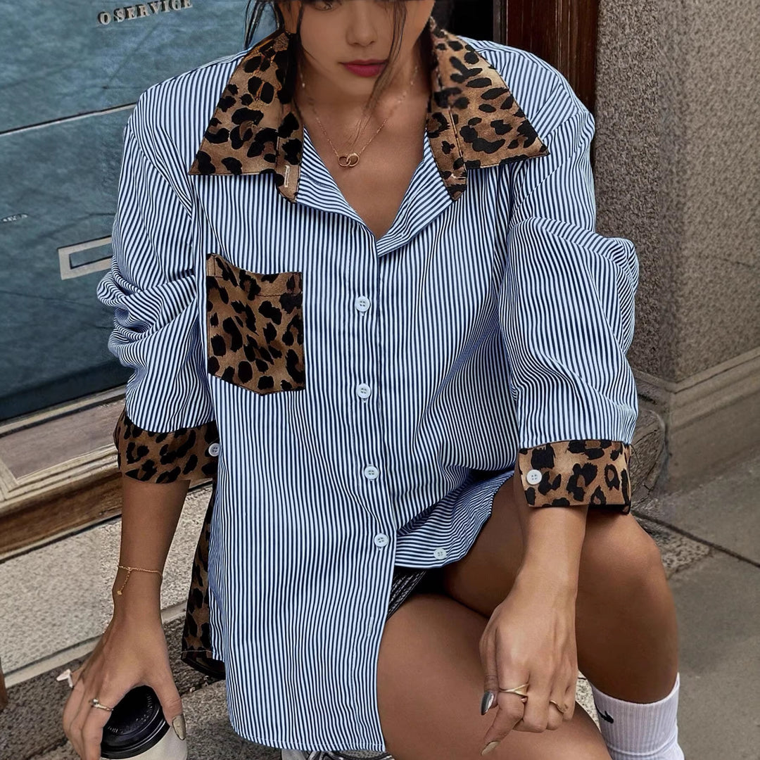 Damen Oversize-Hemdbluse mit Nadelstreifen und Leoprint-Details Drune