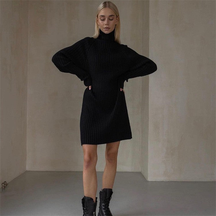 Damen Strickkleid mit hohem Kragen und großen Ärmeln Drune