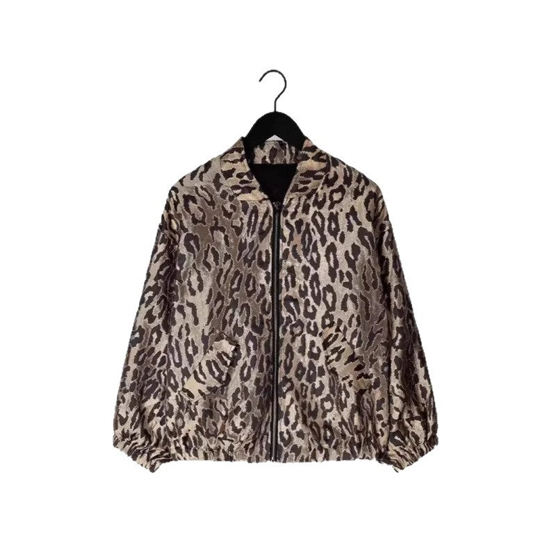 Damen modische Bomberjacke mit Leopardenmuster und elastischen Bündchen Drune