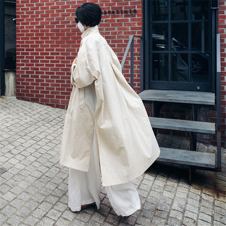 Damen Leichter Long-Duster im Crinkle-Look mit Stehkragen, tiefen Seitenschlitzen und Eingrifftaschen Drune