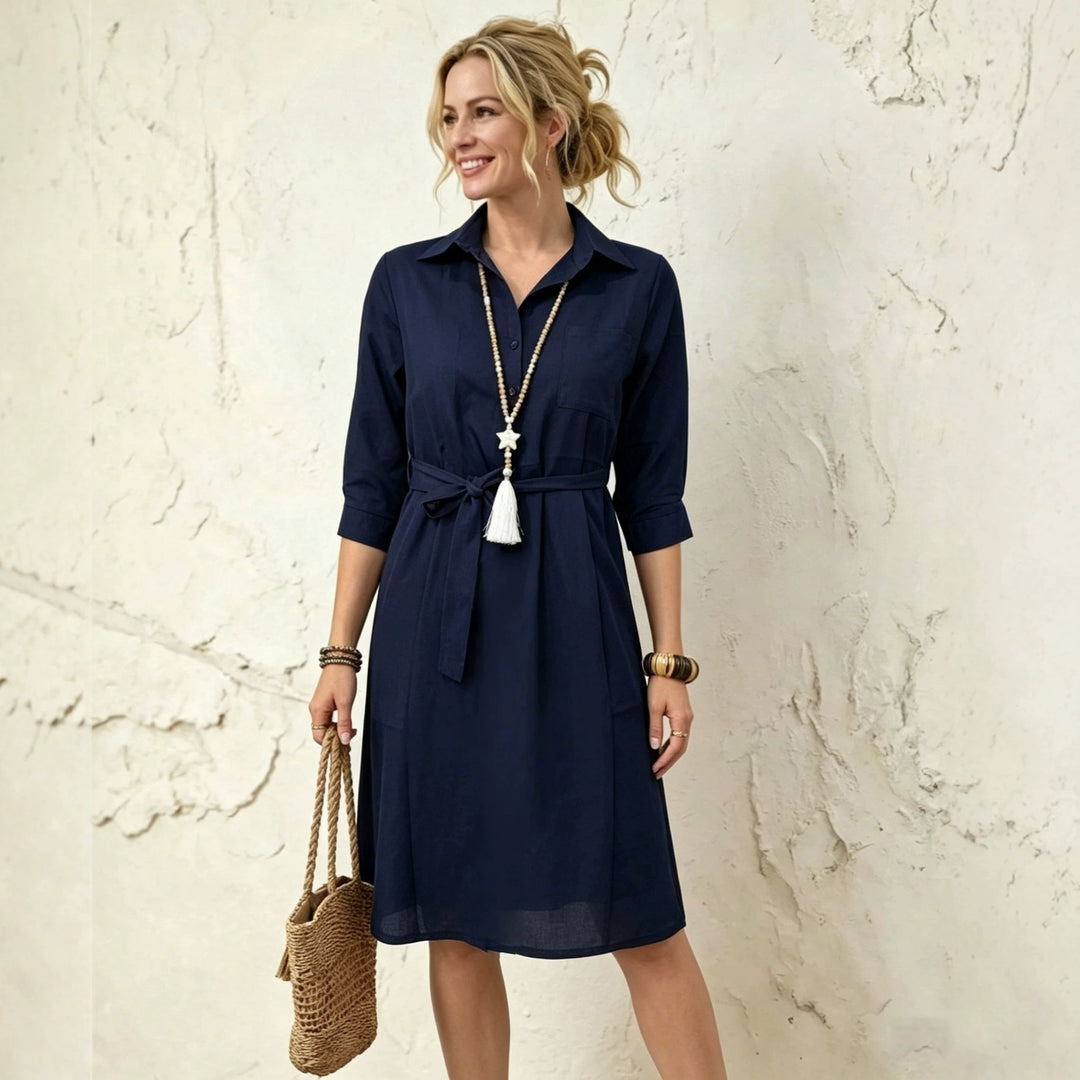 Damen Knielanges Hemdblusenkleid mit Taillengürtel und dreiviertel-Ärmeln Drune