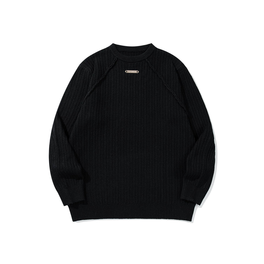 Unisex Strukturierter Waffelstrick-Rundhalspullover mit Raglanärmeln und Metall-Logo Drune