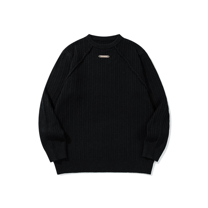 Unisex Strukturierter Waffelstrick-Rundhalspullover mit Raglanärmeln und Metall-Logo Drune
