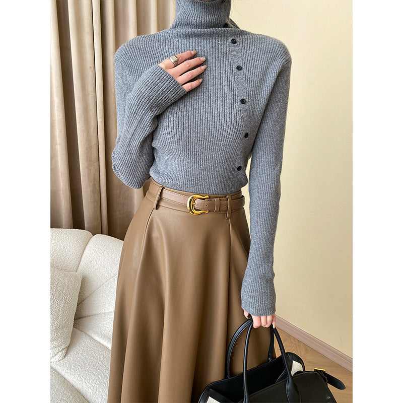 Damen eleganter Strickpullover mit hohem Kragen und dekorativen Knopfdetails Drune