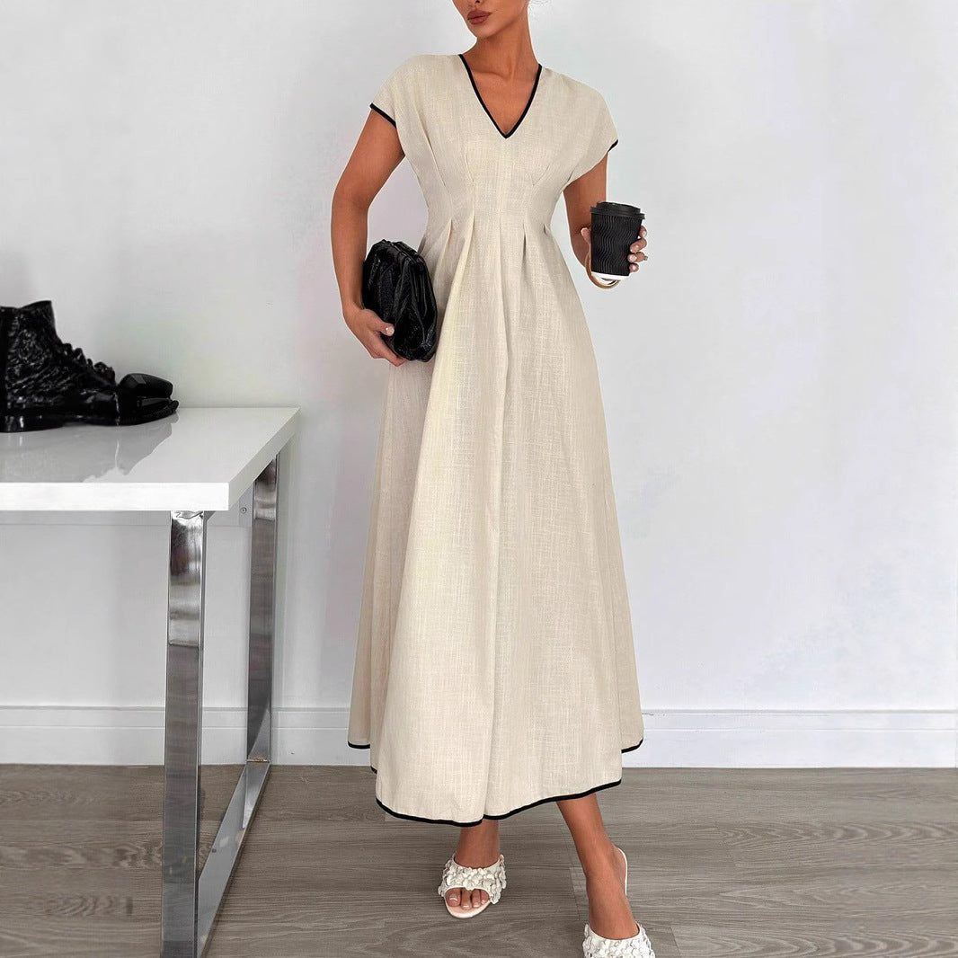 Damen Fließendes Maxikleid mit V-Ausschnitt und schwingendem Rock Drune