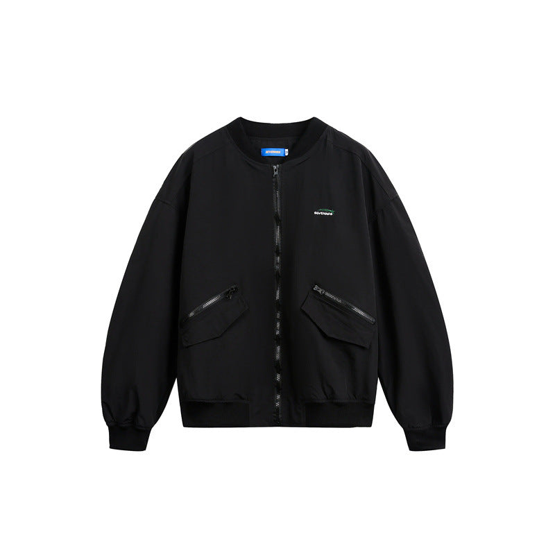 Unisex Kurz geschnittene leichte Nylon‑Bomberjacke mit Utility‑Taschen und geripptem Saum Drune