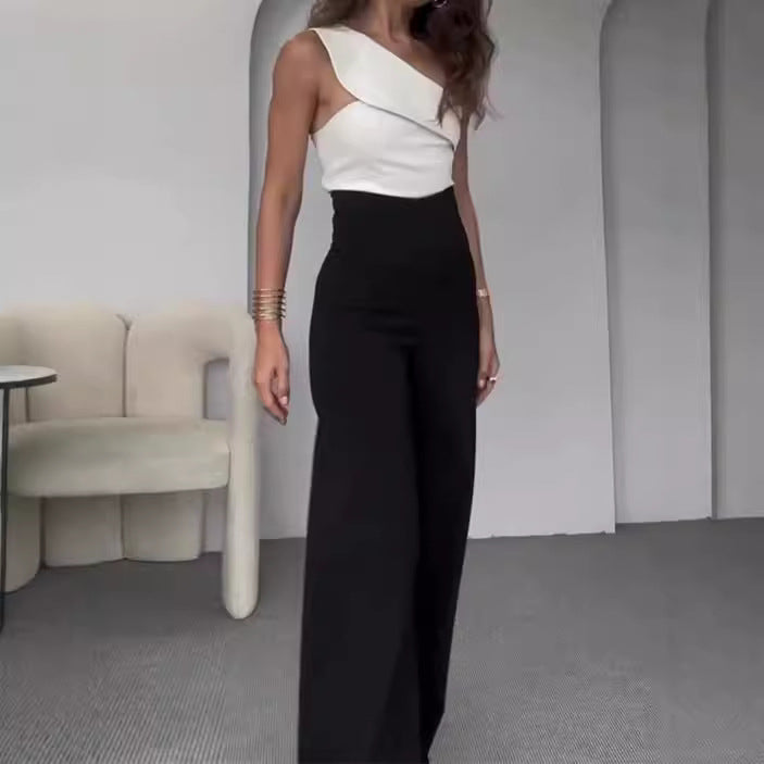 Damen Eleganter Jumpsuit mit asymmetrischem Ausschnitt und weitem Bein Drune