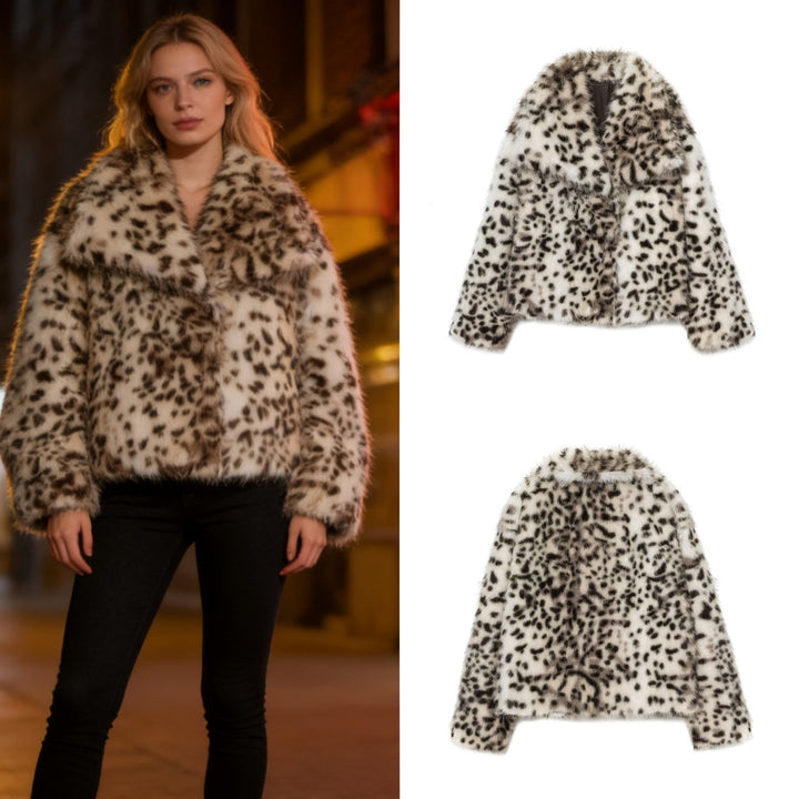 Damen Kurzjacke aus Kunstfell mit Leopard-Print und voluminösem Schalkragen Drune