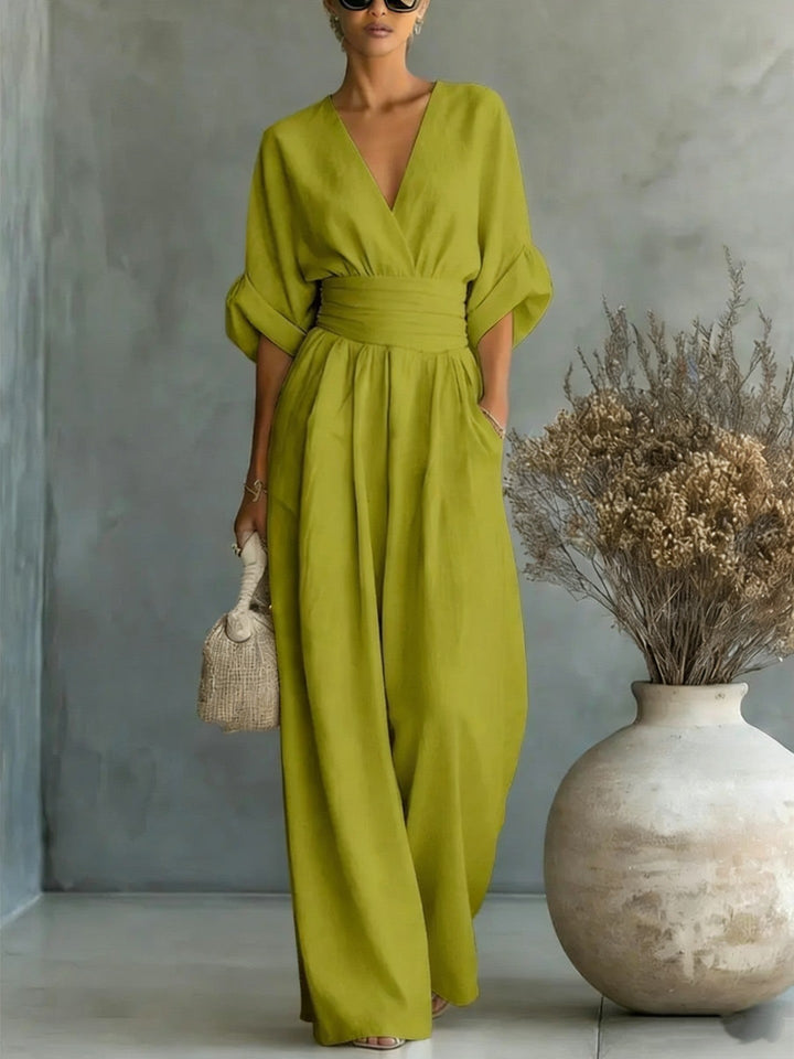 Drune | Eleganter Ärmelloser Jumpsuit mit Tiefem V-Ausschnitt, Taillenbund und Weitem Bein