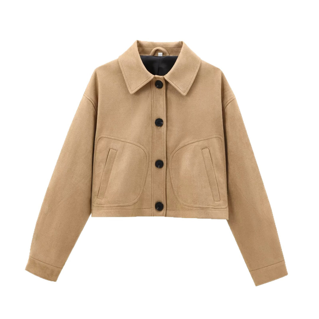 Damen Cropped-Boxy-Übergangsjacke in Veloursoptik mit Hemdkragen und aufgesetzten Taschen Drune