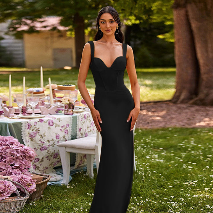 Damen Elegantes Maxikleid mit tiefem V-Ausschnitt und taillierter Silhouette Drune