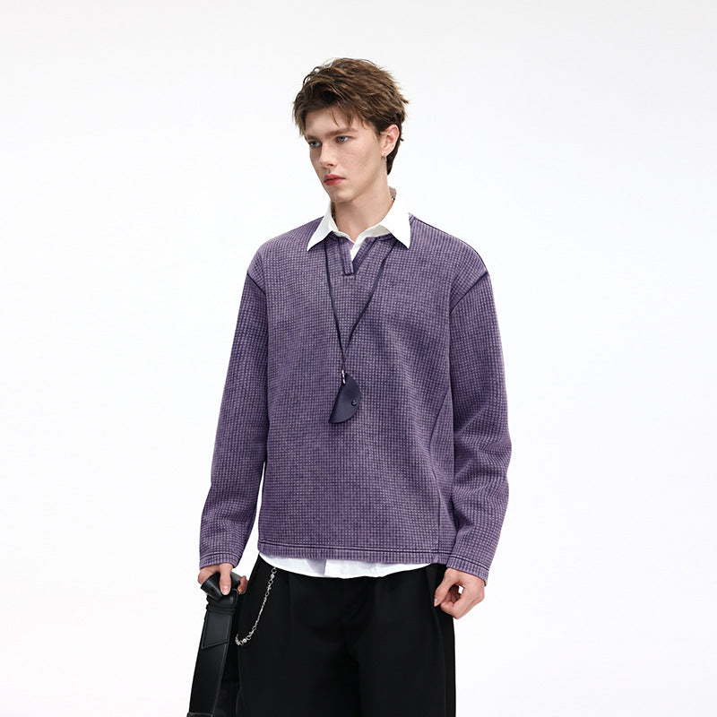 Herren Waffelstrick-Longsleeve mit V‑Schlitzkragen und Relaxed-Fit Drune