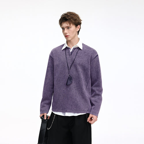 Herren Waffelstrick-Longsleeve mit V‑Schlitzkragen und Relaxed-Fit Drune