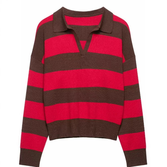 Damen Cropped Rugby-Strickpullover mit Kentkragen und V‑Ausschnitt Drune