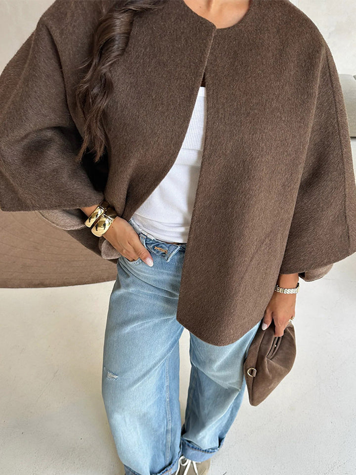 Damen Kurze Wollmix-Capejacke mit überschnittenen Trompetenärmeln Drune